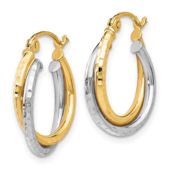 14k Two Tone Gold Crossover D/C Double Round Hoop Earrings, 3 x 17mm - Picture 2 of 6